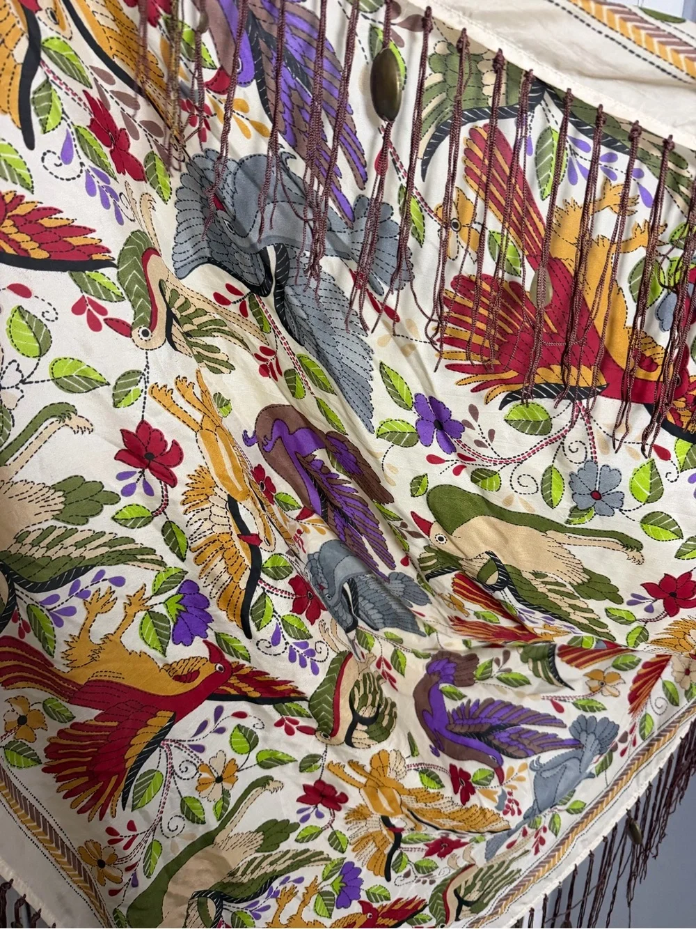Tolani Cream Shawl with Multicolor Floral & Bird Embroidery